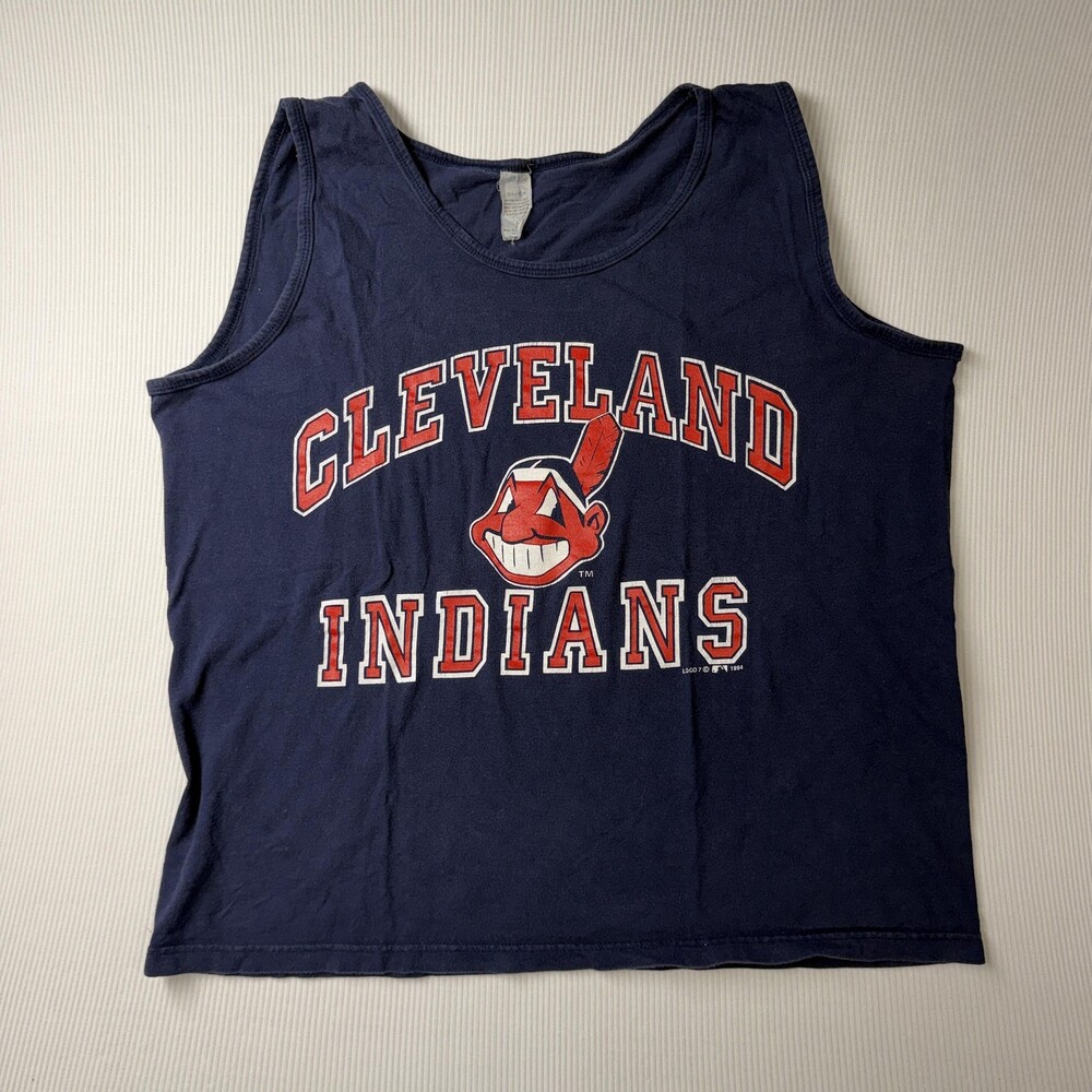 Vintage Cleveland Indians Shirt Mens Large Blue MLB Baseball Tank Top Logo 7 90s